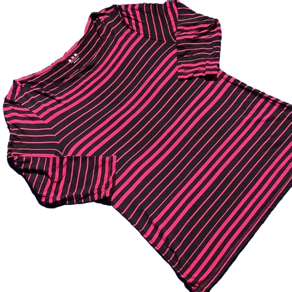 3 Dot Long Sleeve Fuschia & Black Striped Crew Neck Top Womans Sz M
